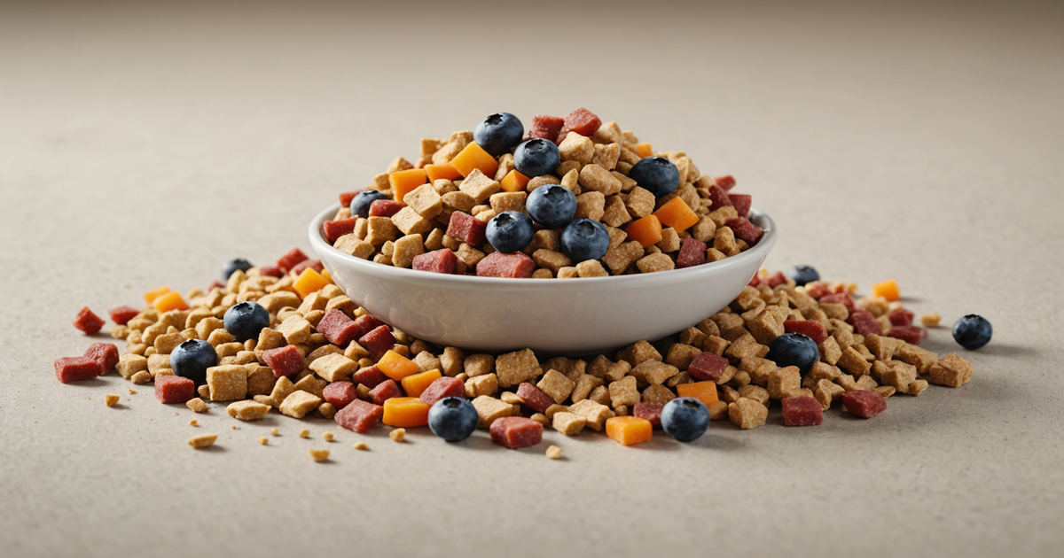 A vibrant image showing a variety of freeze dried dog food pieces with visible ingredients like chicken and blueberries.