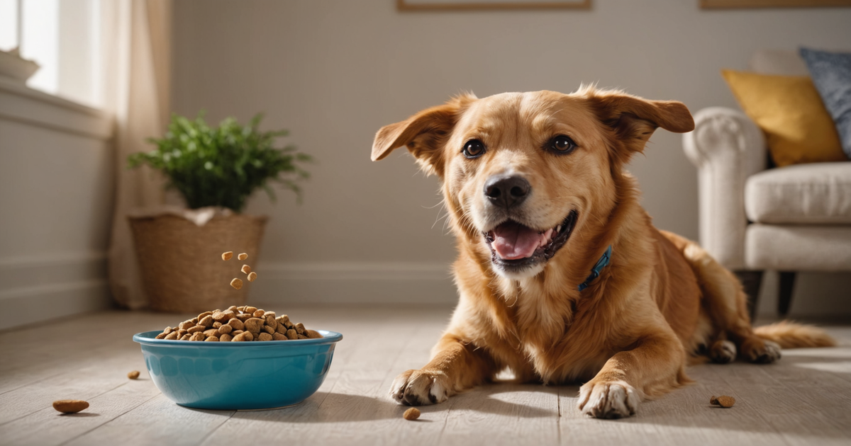 An image of a dog happily eating from a bowl, with a package of freeze dried dog food beside it.