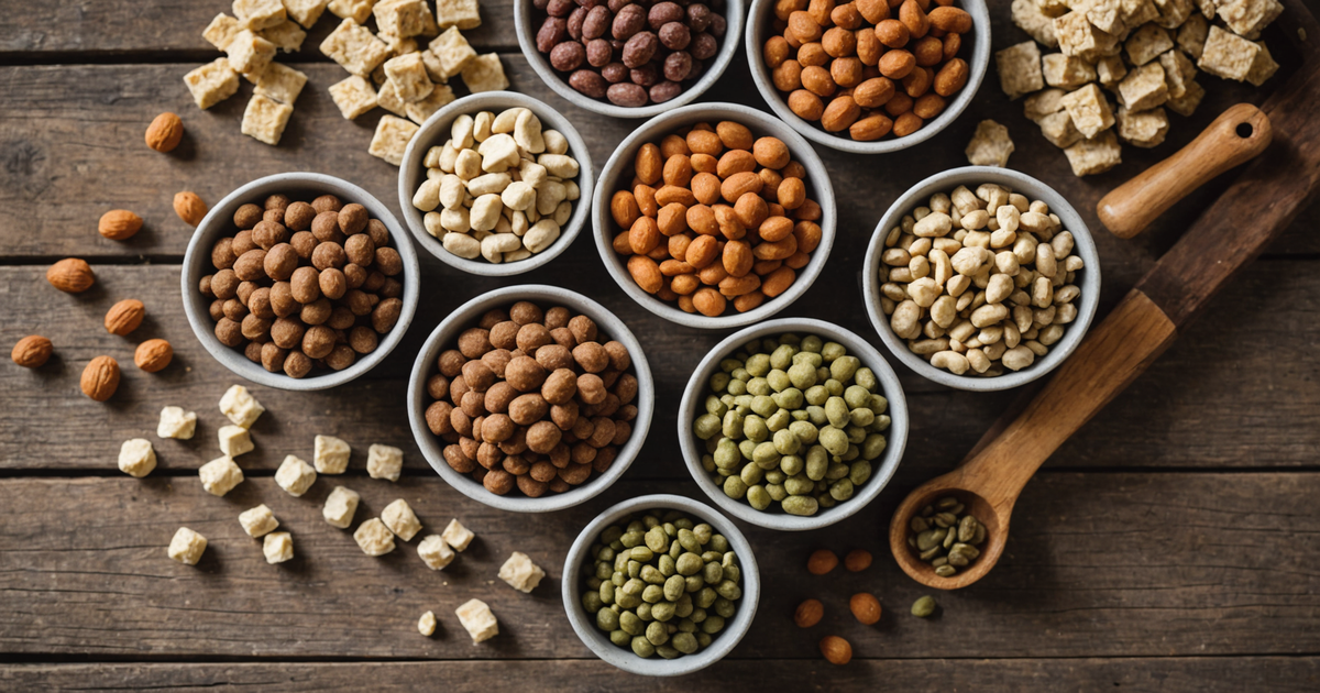 A close-up image of various freeze dried raw dog food products laid out on a wooden table.