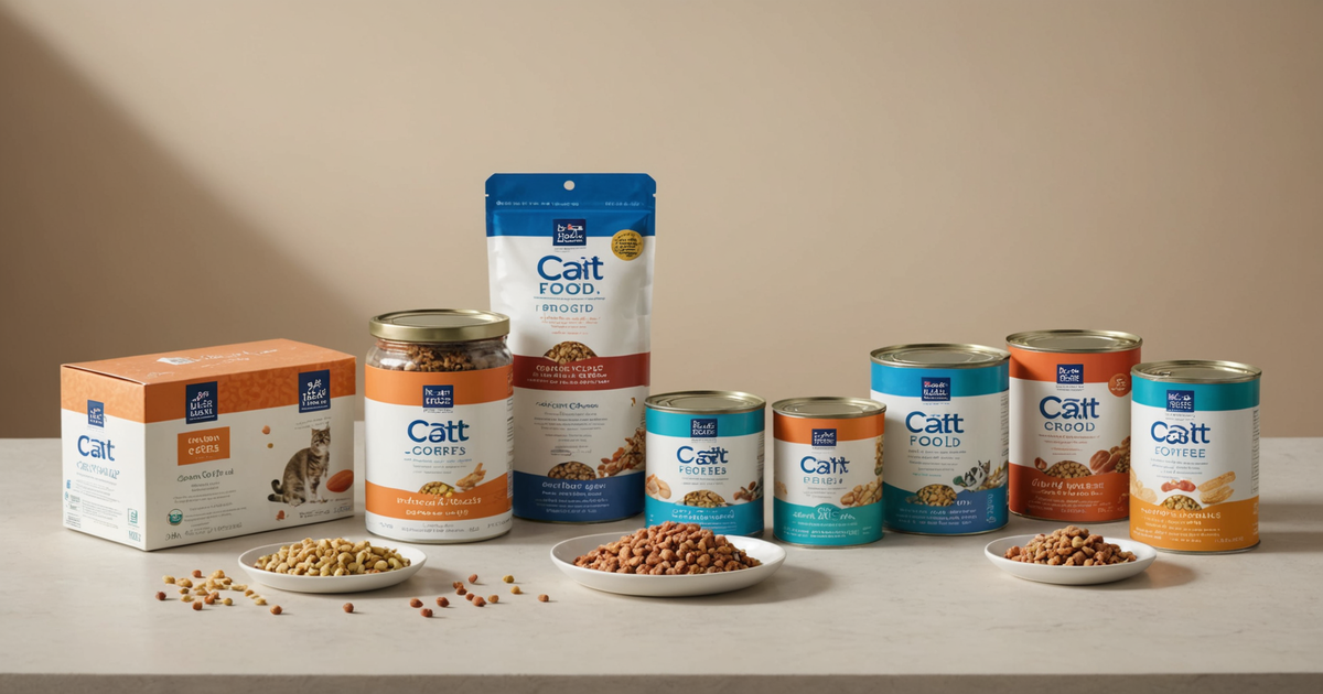 A variety of freeze dried cat food products laid out on a table