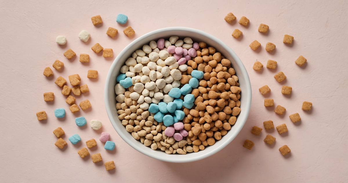 A variety of freeze dried cat treats in a bowl, showcasing different textures and colours.