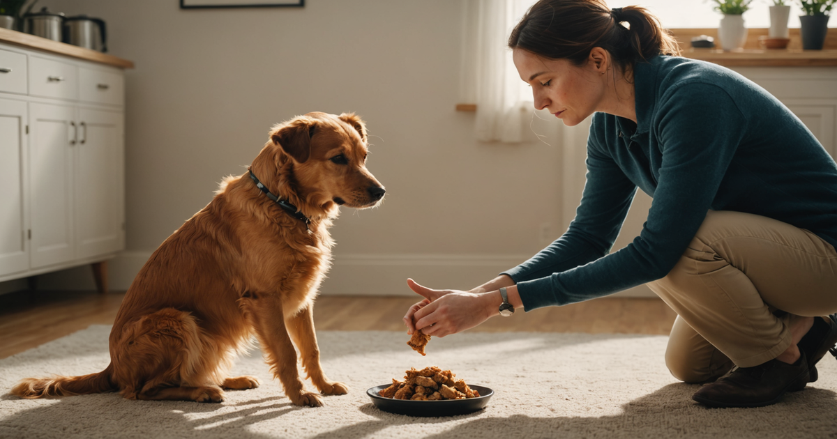 A pet owner rewarding their dog with a piece of freeze dried chicken