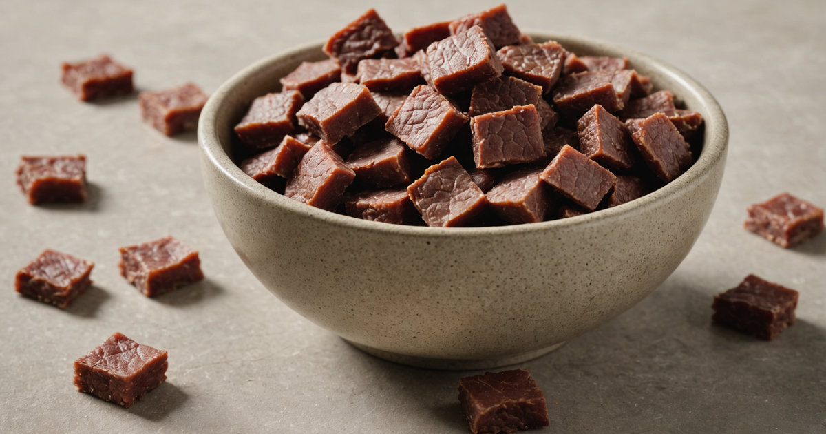 A close-up of freeze dried beef liver treats in a bowl