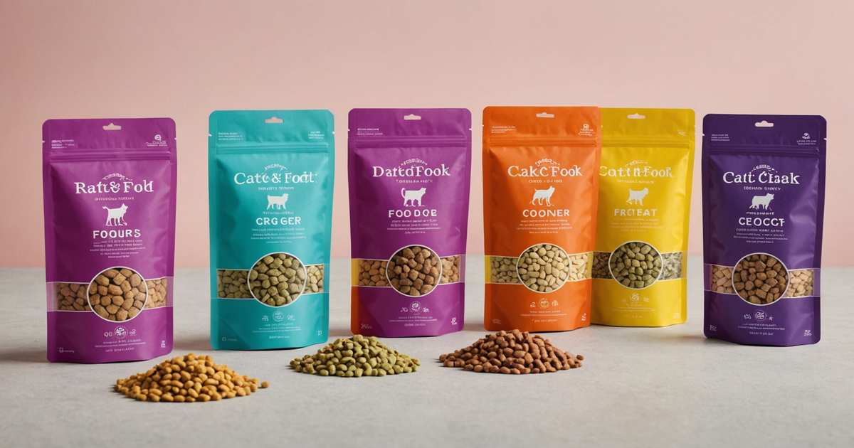 A colourful collage of different freeze dried raw cat food packages, showing ingredient labels
