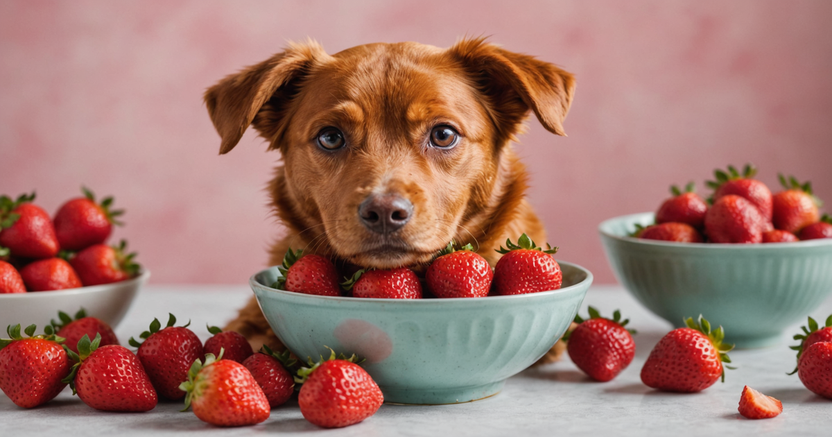 A bowl of freeze-dried strawberries with a happy dog in the background