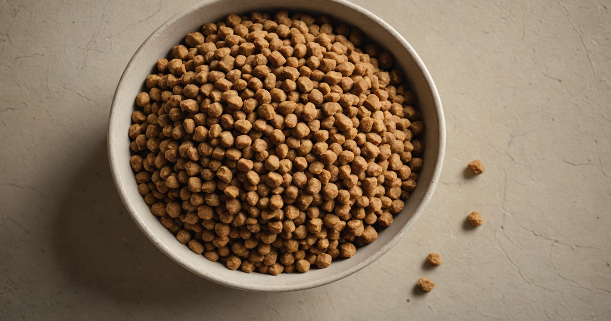 A close-up of freeze dried dog food in a bowl, showing its texture and colour.