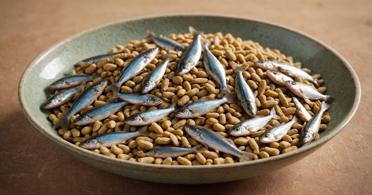A close-up of freeze dried minnows in a cat's food bowl, highlighting their texture and appearance.