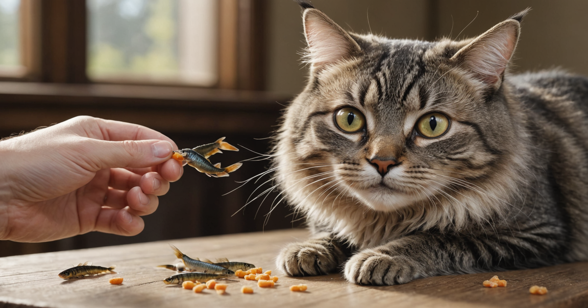 A cat eagerly reaching for a freeze dried minnow treat from a human hand, showcasing the treat's appeal.