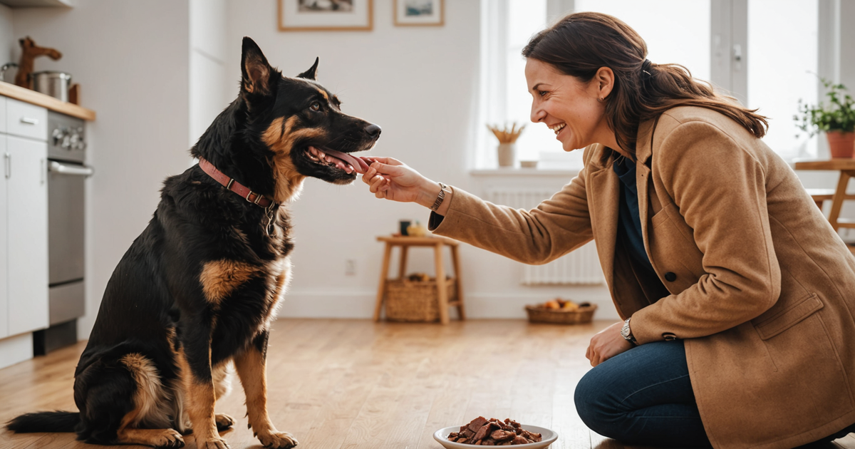 A happy dog receiving a Wiggles & Wags beef liver treat from its owner.