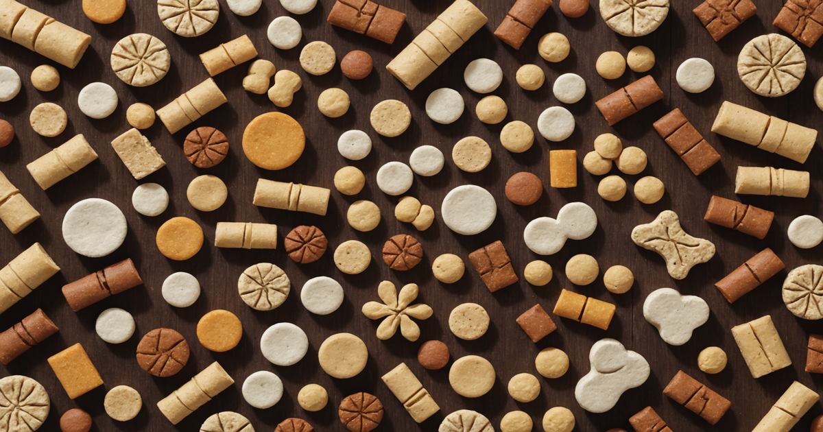 A variety of freeze dried cat treats laid out on a wooden surface