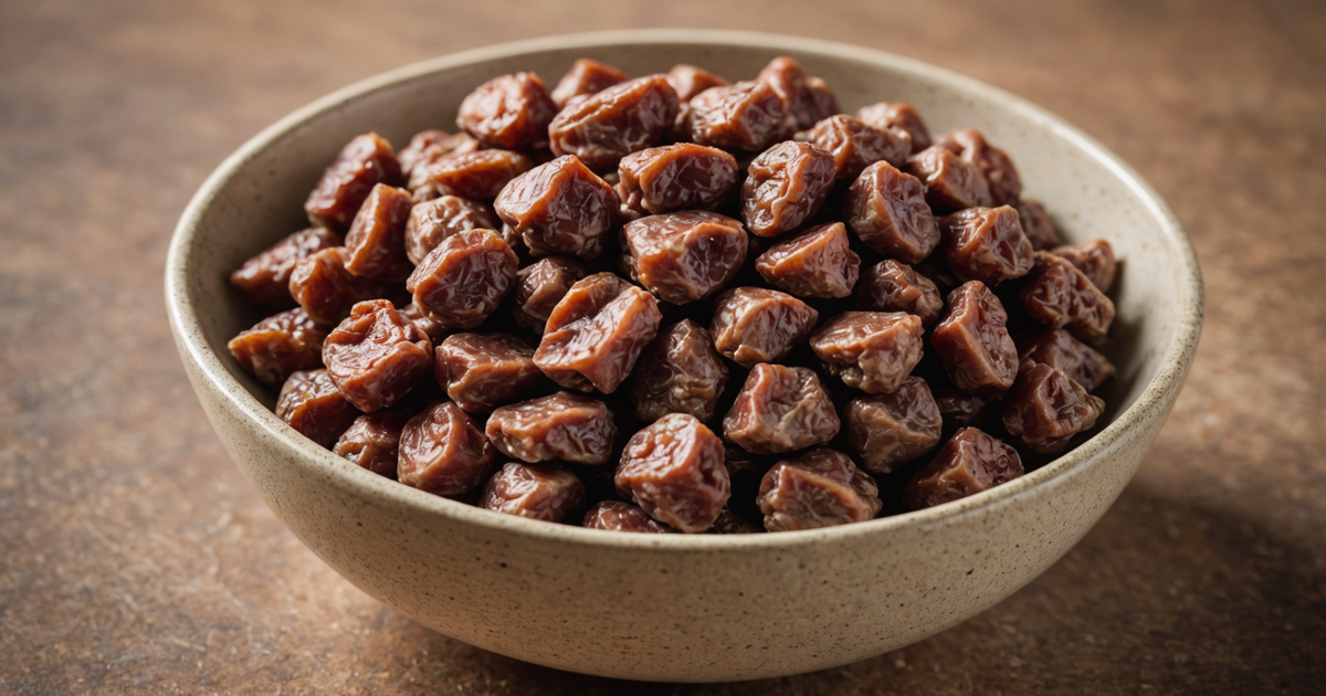 A close-up of freeze dried chicken hearts in a bowl