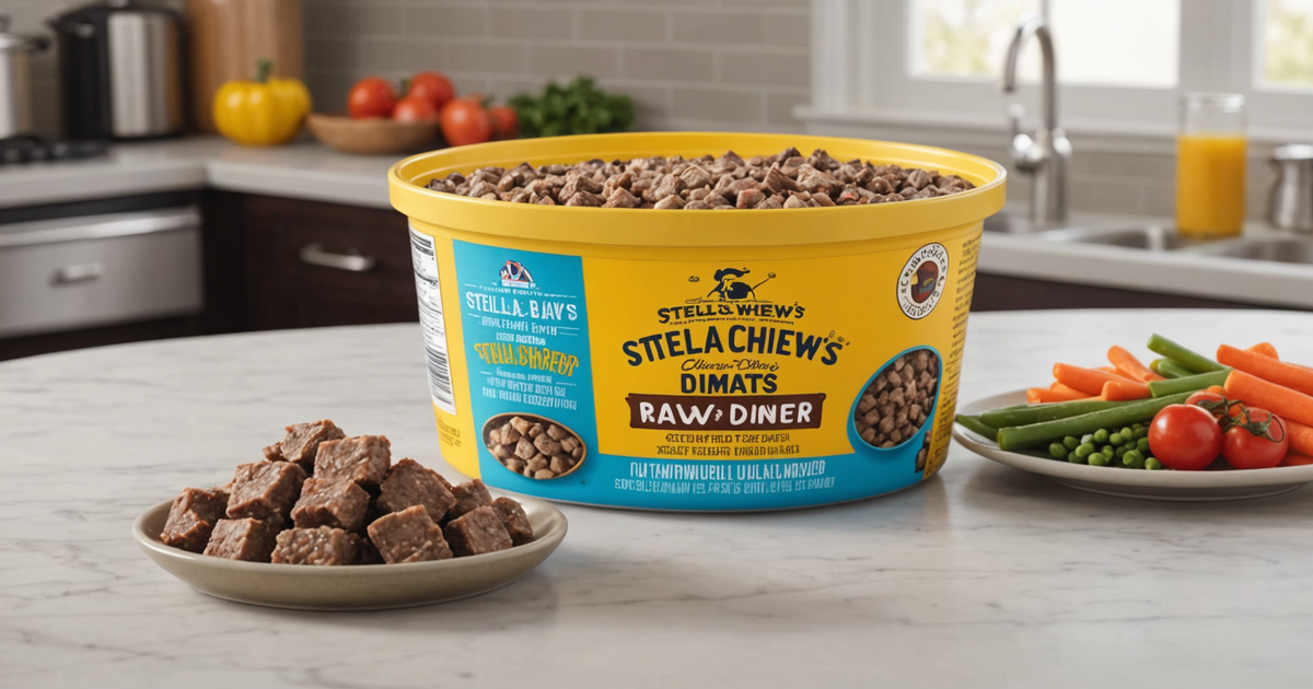 A bowl of Stella & Chewy's Freeze-Dried Raw Dinner Patties with visible meat chunks and vegetables