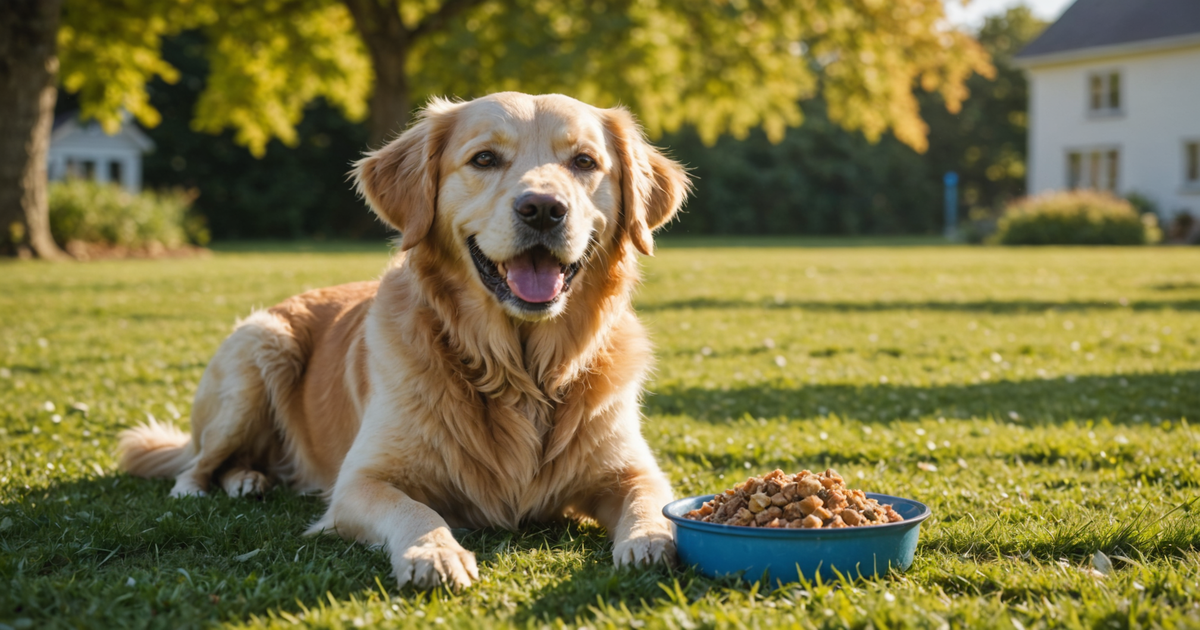 A dog enjoying a meal of freeze-dried raw food outdoors, highlighting the convenience of such products