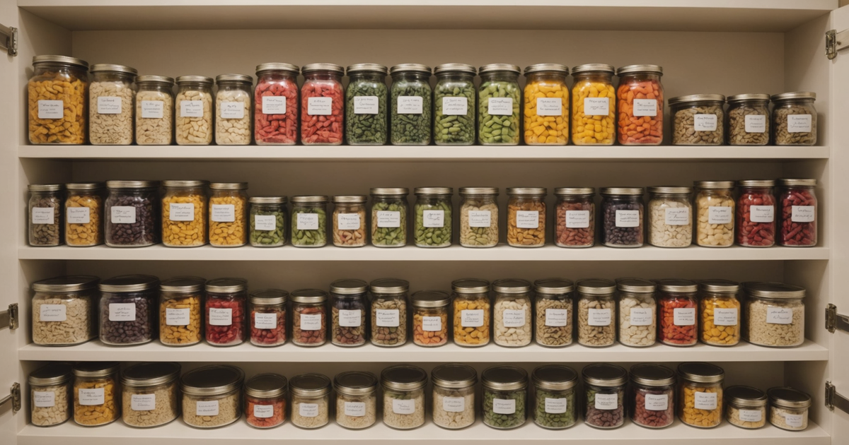 A variety of bulk freeze dried foods neatly organised on a pantry shelf