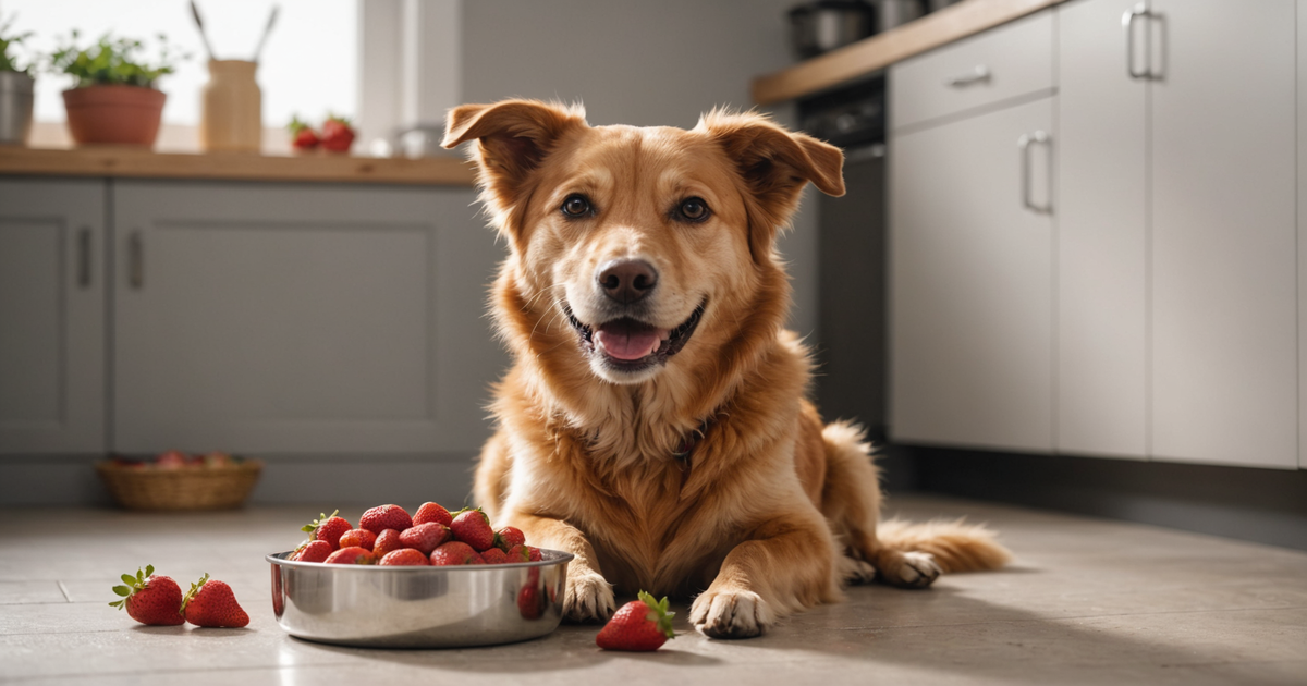 A happy dog eagerly eyeing a bowl of freeze dried strawberries