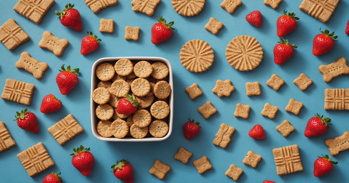 An assortment of healthy dog treats, including freeze dried strawberries and other options