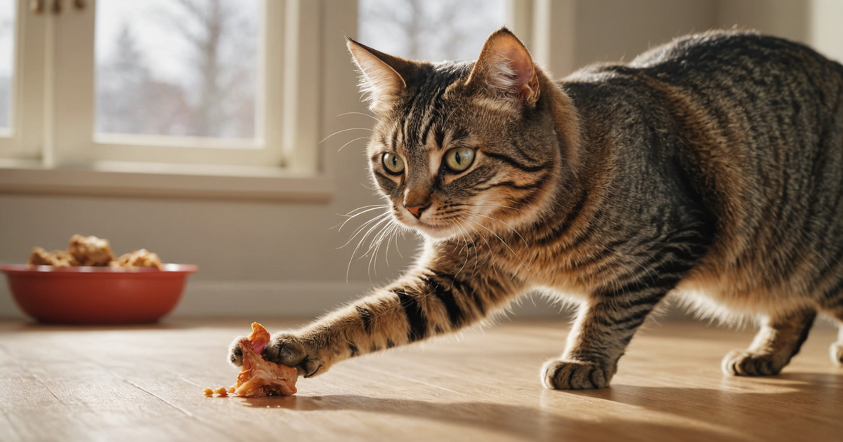 A cat eagerly reaching for a freeze dried chicken treat during a training session.