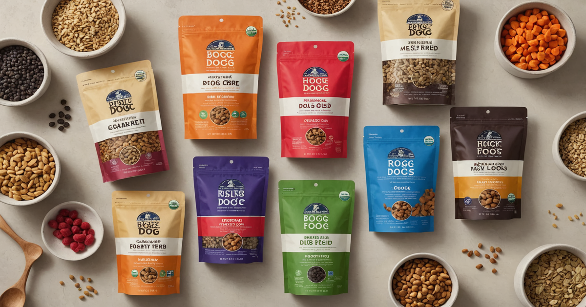 A selection of high-quality freeze dried raw dog foods, showing ingredient lists and nutritional information.