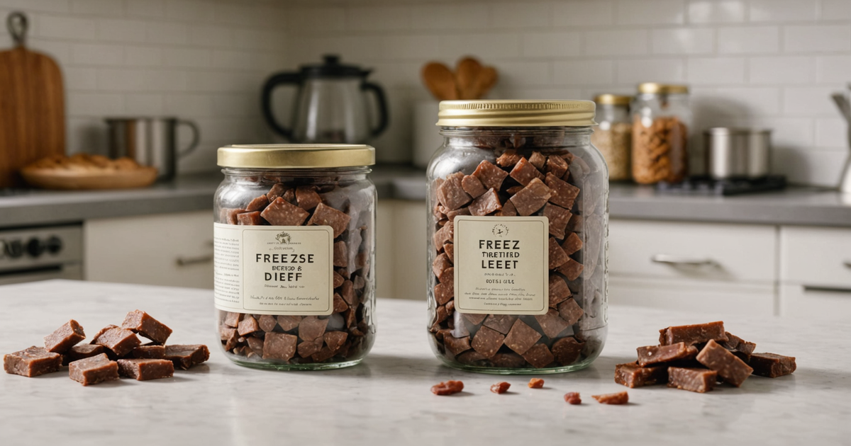 A jar of freeze-dried beef liver treats on a kitchen counter