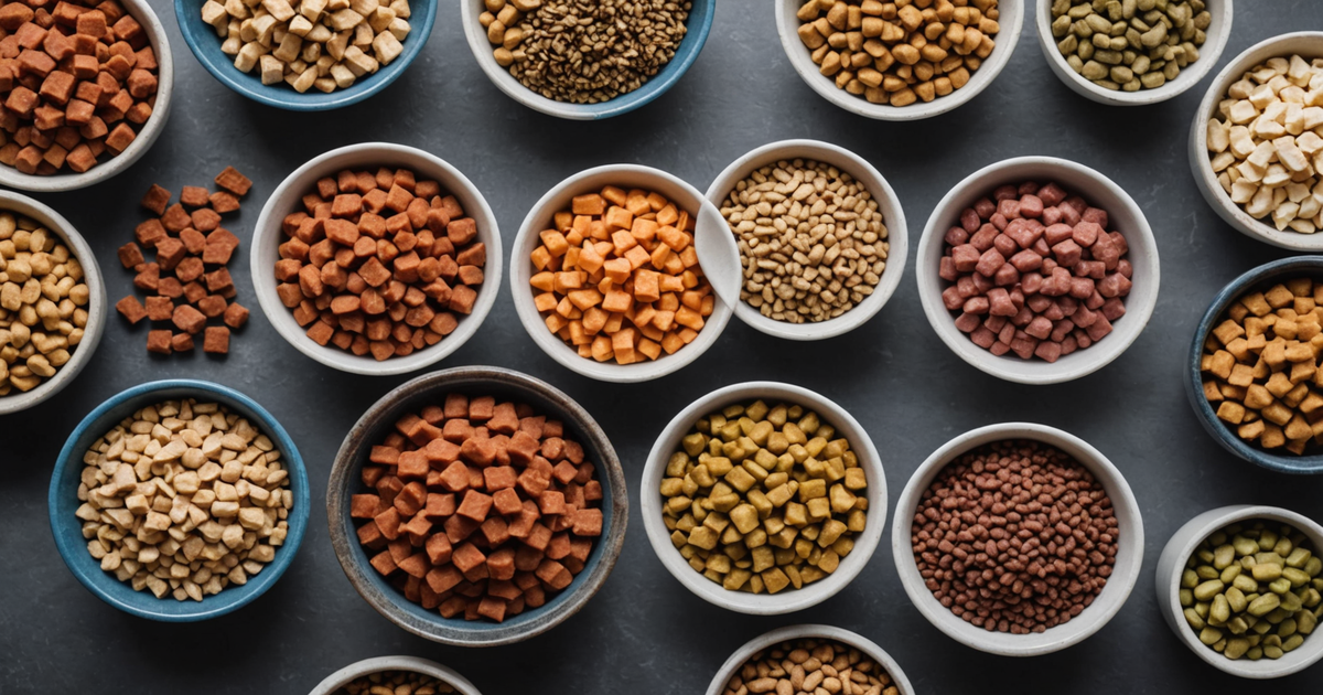 A beautifully arranged display of various freeze-dried dog food options, showing chunks of beef, chicken, and fish.