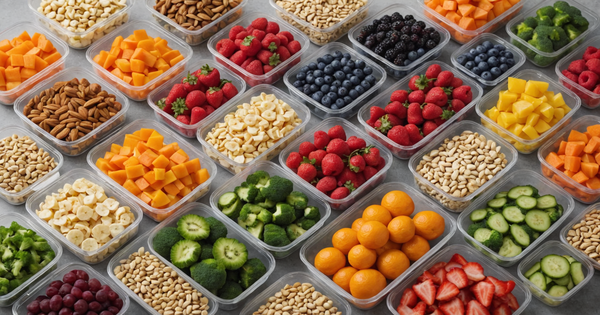 A variety of freeze dried foods neatly arranged in airtight containers