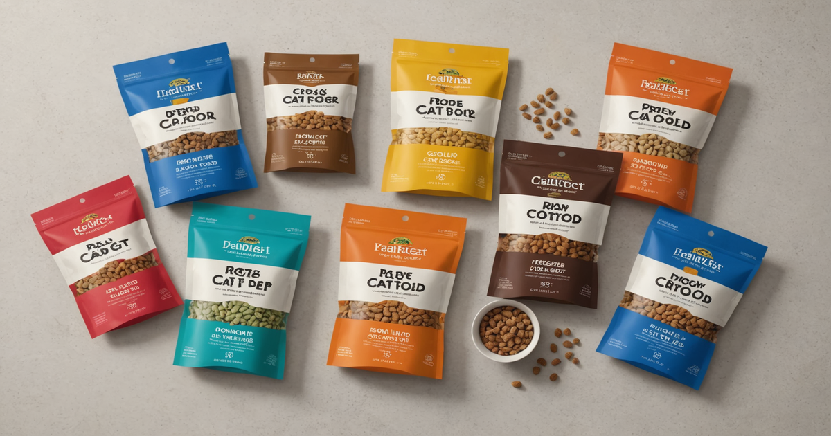 Illustration of different freeze dried raw cat food packages.