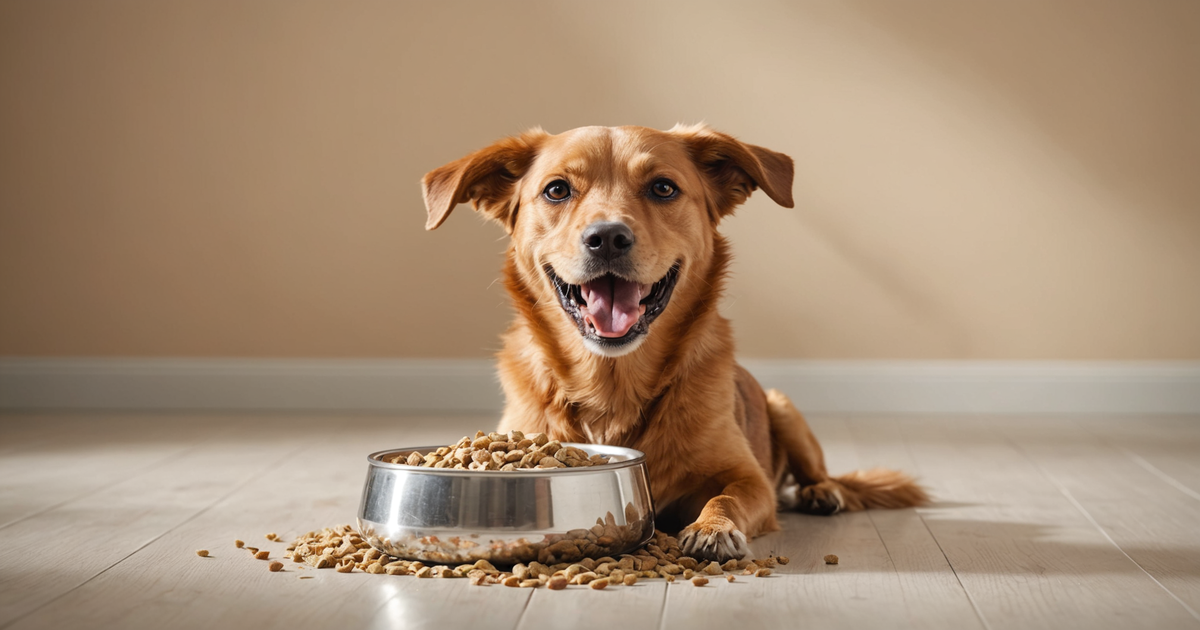 Dog happily eating a bowl of freeze dried food