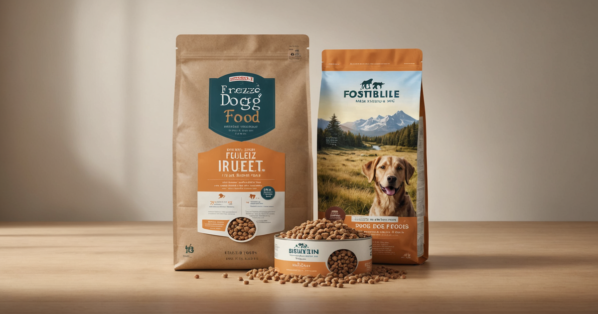 Illustration of freeze dried dog food packaging