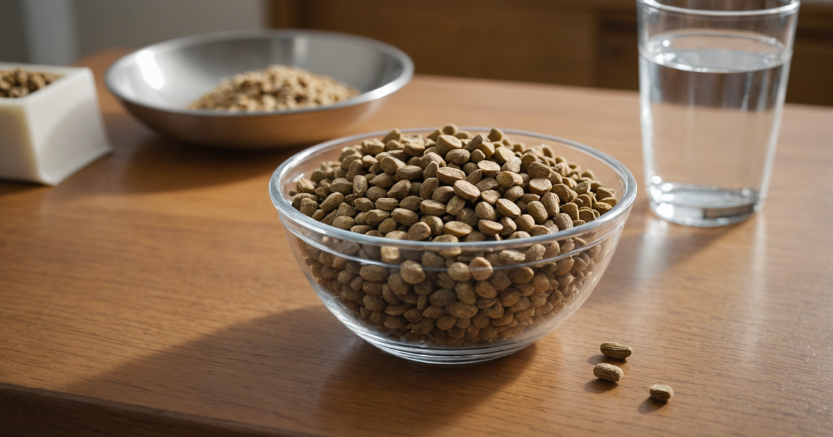 A bowl of freeze dried puppy food being rehydrated with water.