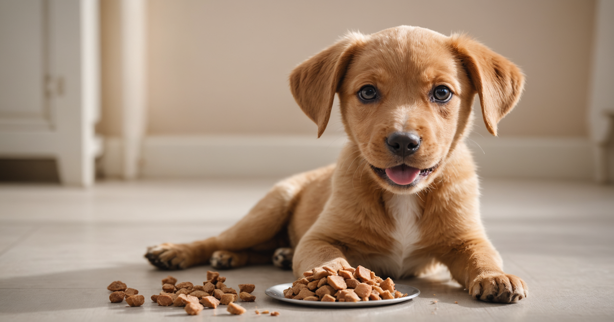 A happy puppy enjoying a meal of freeze dried food.