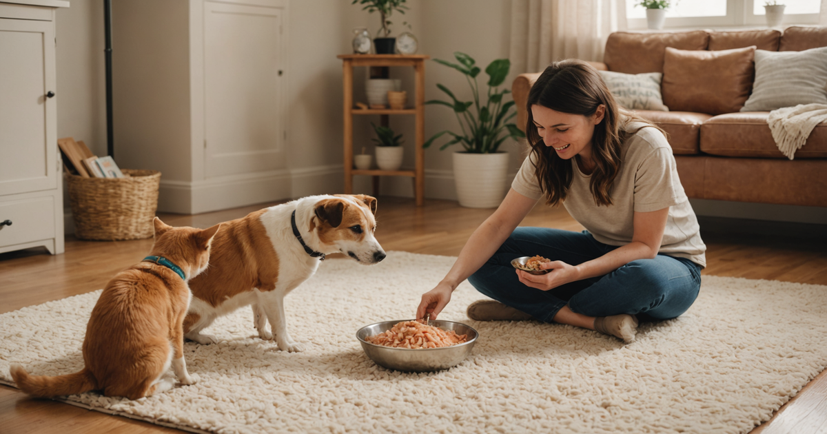 A pet owner offering freeze dried shrimp to a cat and a dog, showing the treat's palatability.