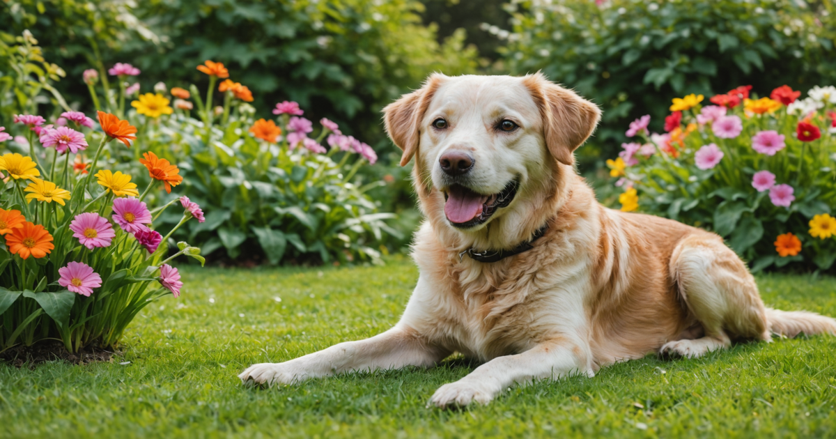 Dog enjoying a frozen marrow bone in a garden setting