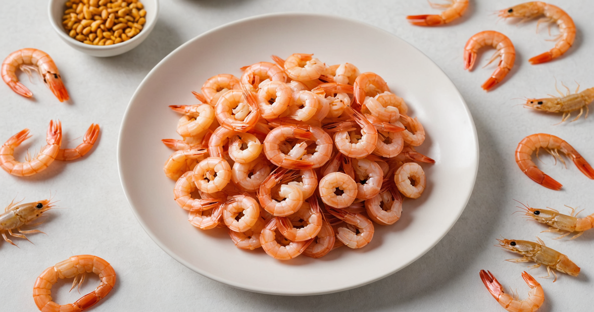 An assortment of freeze dried shrimp displayed alongside a nutritional chart.