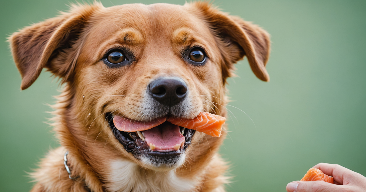A close-up of a dog enjoying a salmon mini treat, highlighting the treat's texture and size.