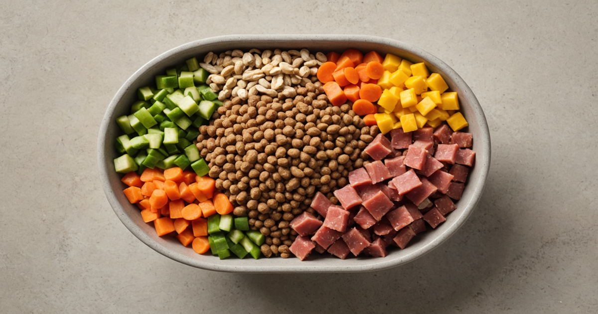 A bowl of freeze-dried dog food with visible pieces of meat and vegetables