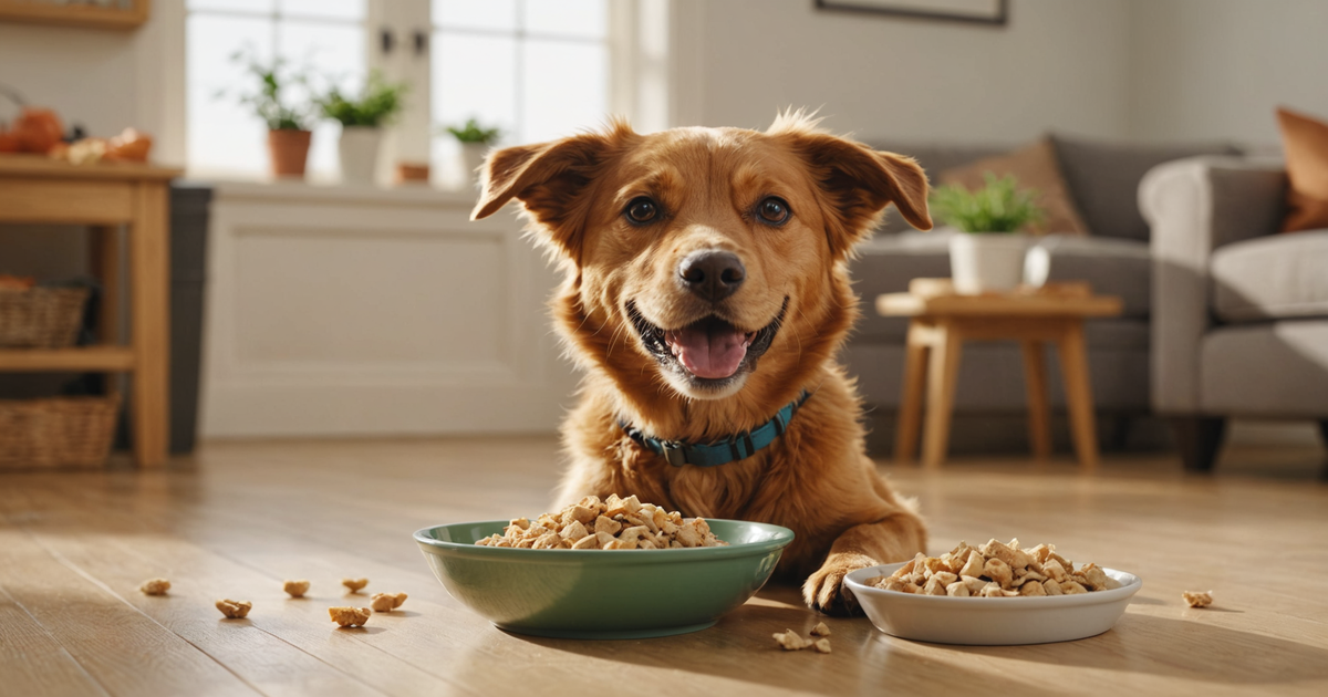 A bowl of Nutri Bites Freeze Dried Chicken with a happy dog in the background