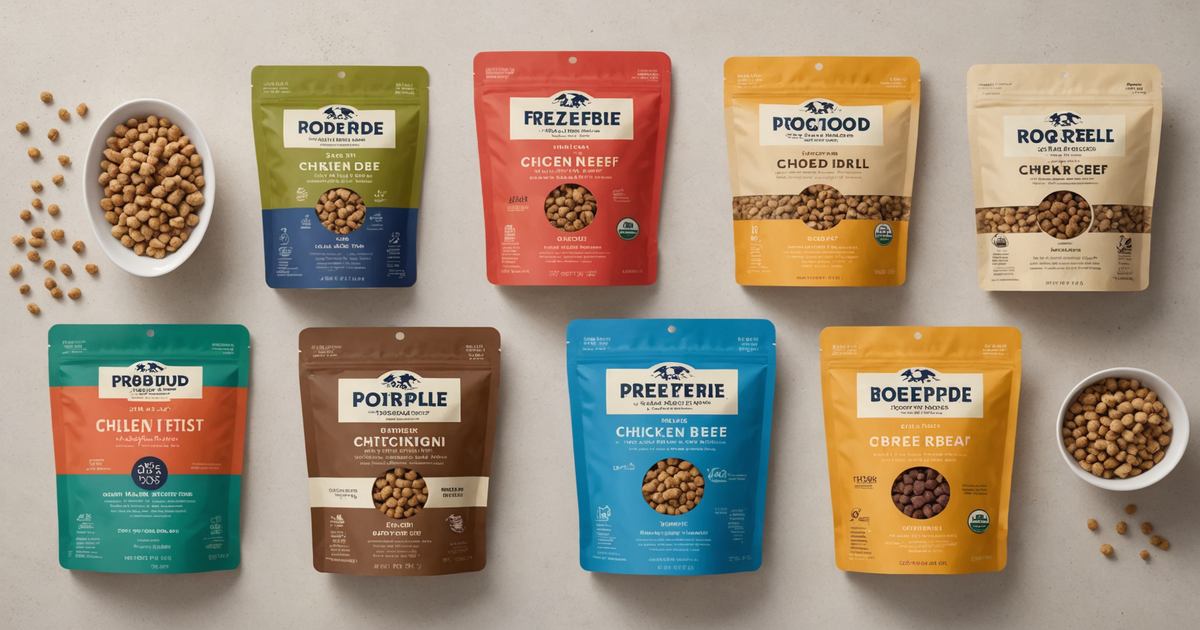 A variety pack of AK Mountain Dog freeze dried foods, showcasing different protein sources.