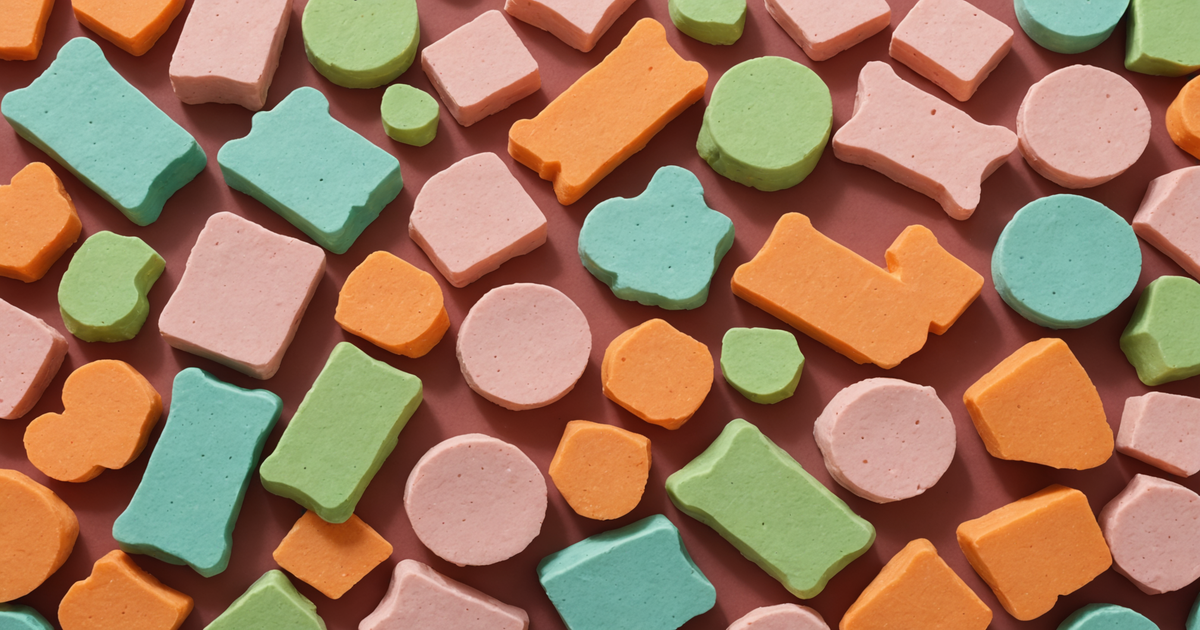 A variety of freeze dried cat treats in different shapes and colours.
