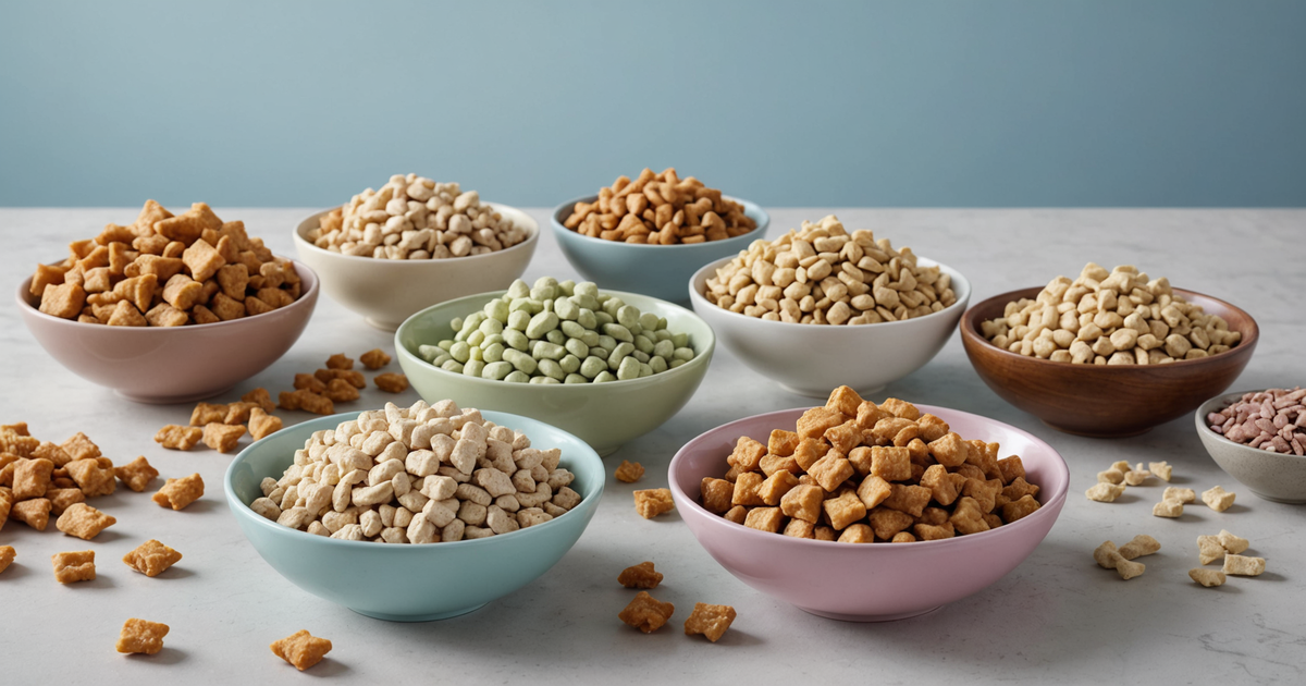 A variety of freeze dried chicken treats in bowls, showcasing different textures and shapes.