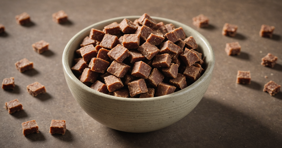 A close-up of freeze dried liver treats in a bowl