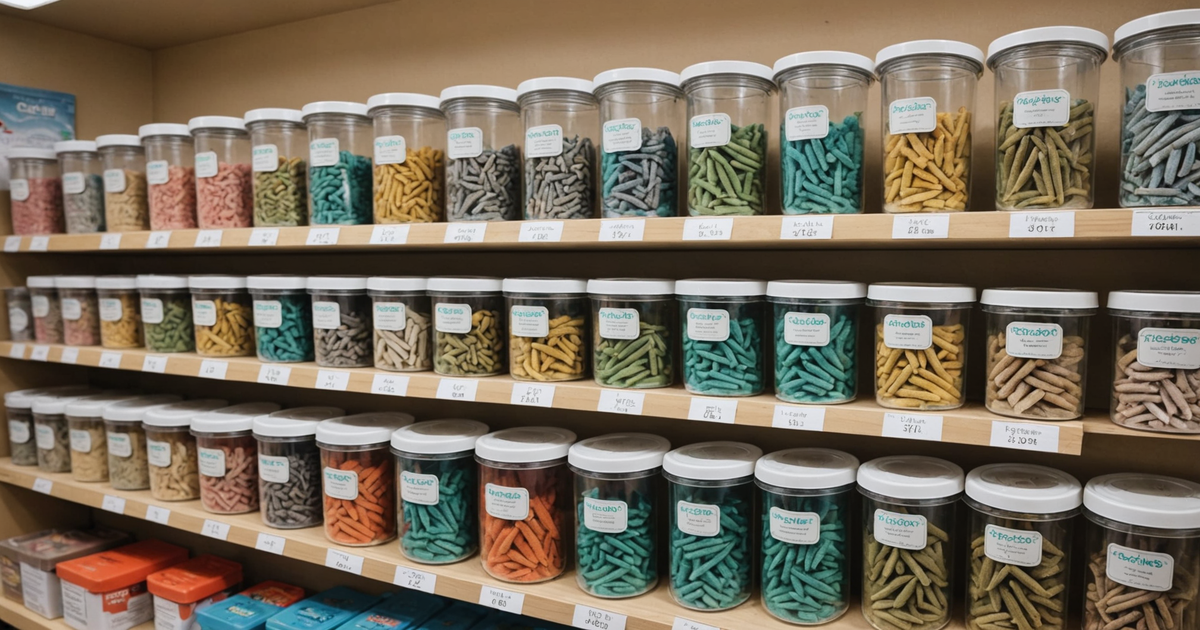 A selection of freeze dried minnows in a pet store setting, showcasing various packaging options.