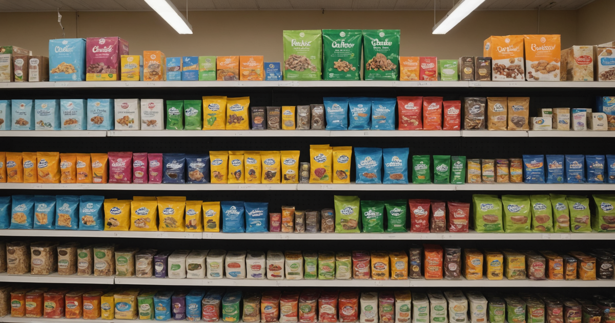A variety of freeze dried pet product packages on a store shelf.