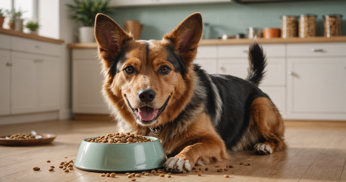 A dog happily eating a bowl of rehydrated freeze dried pet food.