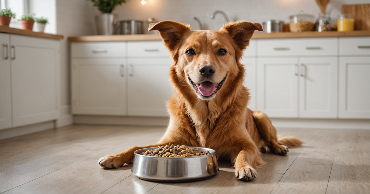 A happy dog enjoying a bowl of freeze dried raw food