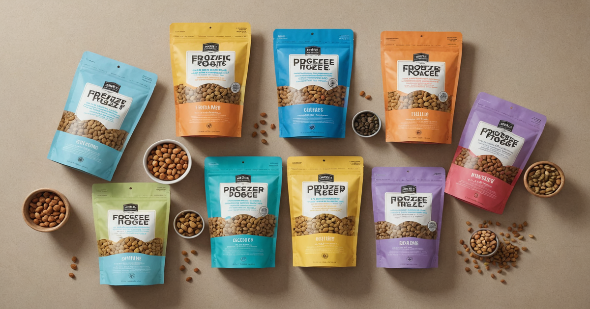 A variety of Instinct freeze-dried dog food packages arranged neatly