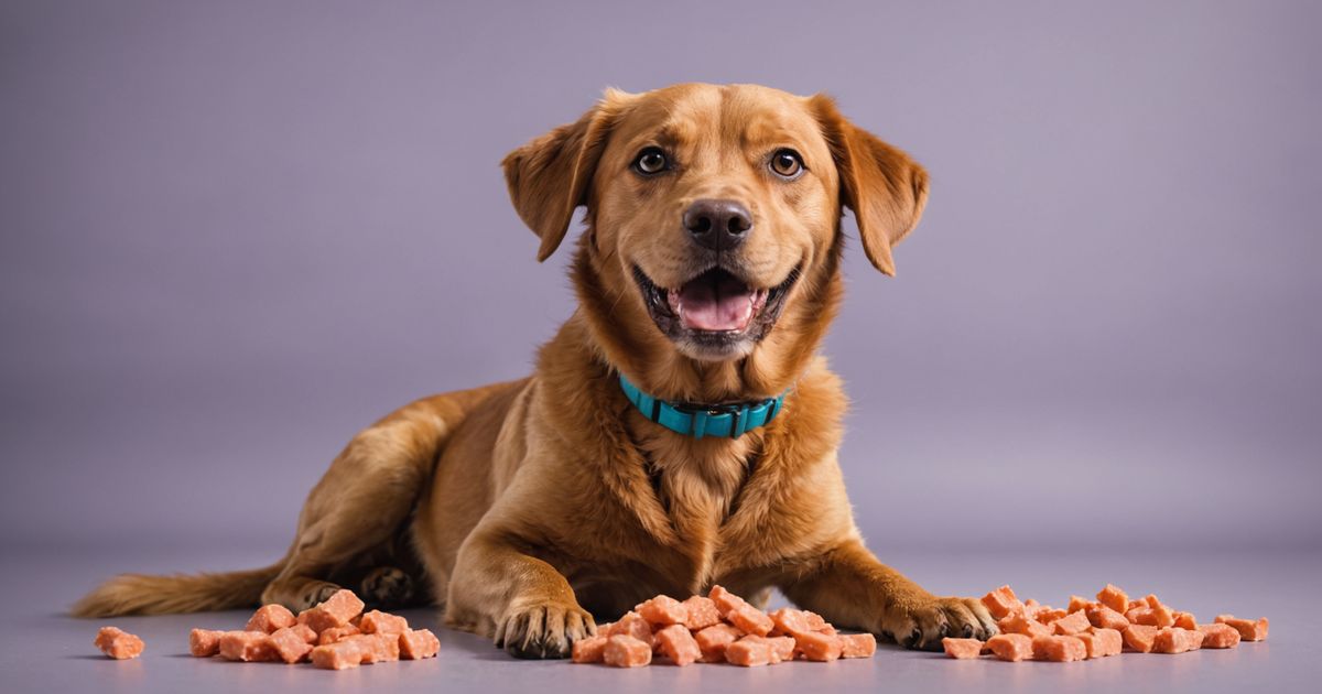 A happy dog enjoying NutriBites Freeze Dried Salmon Treats