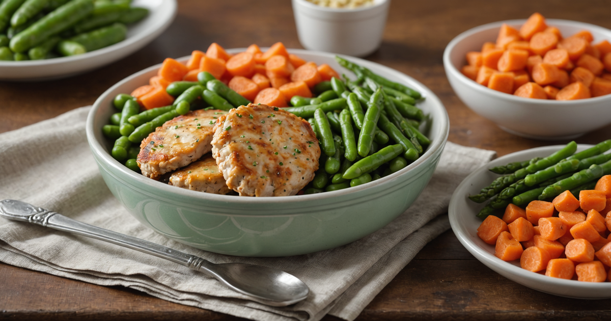 A bowl of Stella & Chewy's Chicken Dinner Patties with fresh vegetables