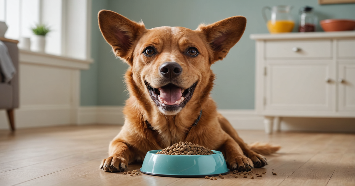 A playful dog enjoying a bowl of freeze dried cricket dog food