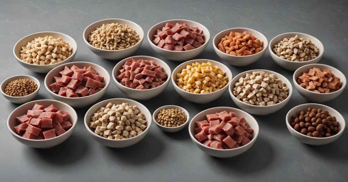 A variety of freeze dried organ meats laid out in separate bowls