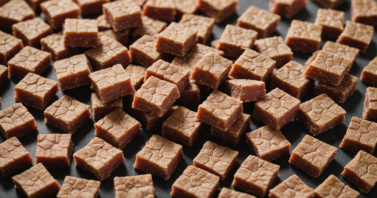 A close-up of freeze-dried beef treats, highlighting their texture and quality.